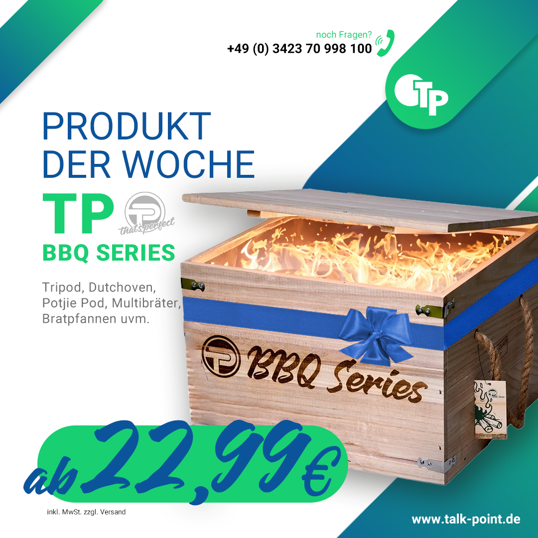TP BBQ Series - Tripod Set in Holzkiste, Dutch Oven, Feuertopf, Potjie Kessel aus Gusseisen mit Deckel und Füßen - Produkt der Woche Banner