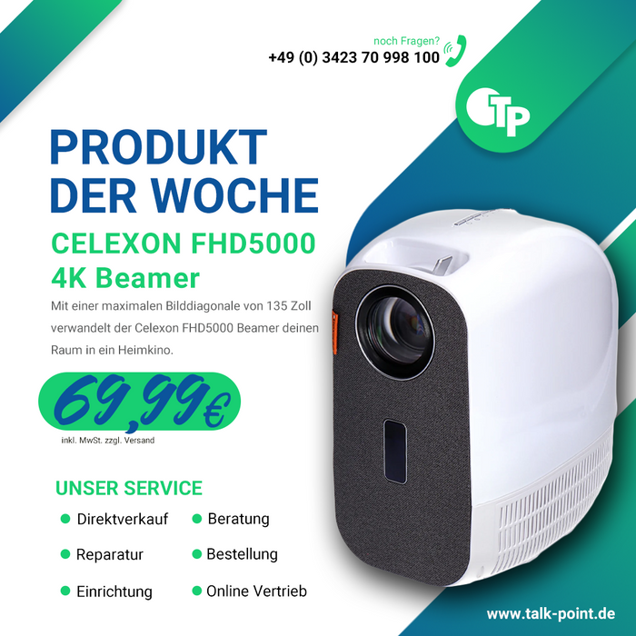 celexon FHD5000 Beamer in weiß - Produkt der Woche Banner