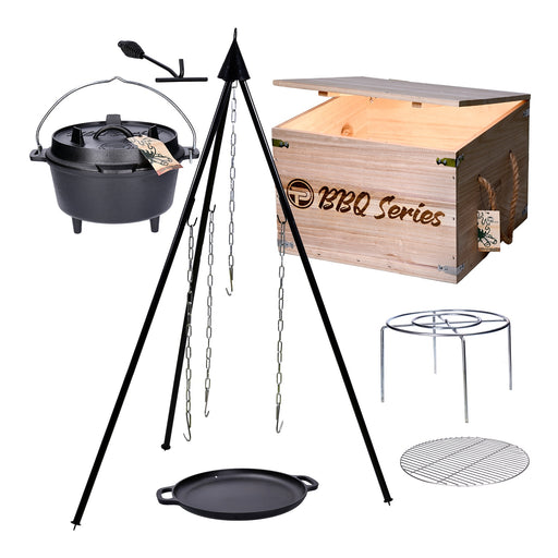 Produktbild Feuertopf - TP Tripod Set in Holzkiste, Dutch Oven, Feuertopf, Potjie Kessel aus Gusseisen mit Deckel und Füßen