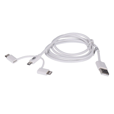 3 in 1 USB-Lade- und Syncronisatiionskabel mit USB-C, Micro-USB, Lightning-Anschluss in weiß