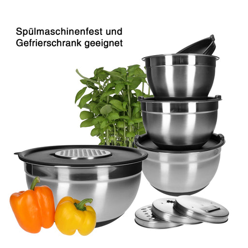 Produktbild Rührschüssel - TP Edelstahl Schüssel-Set inkl. Deckel, Skala, und 4 Einsätzen zum Gemüsereiben 13-teilig