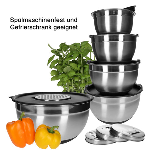 Produktbild Rührschüssel - TP Edelstahl Schüssel-Set inkl. Deckel, Skala, und 4 Einsätzen zum Gemüsereiben 15-teilig