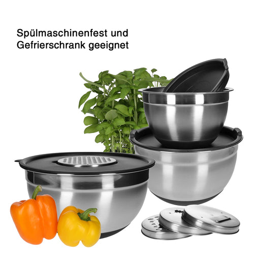 Produktbild Rührschüssel - TP Edelstahl Schüssel-Set inkl. Deckel, Skala, und 4 Einsätzen zum Gemüsereiben 11-teilig