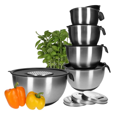 Edelstahl Schüssel-Set mit Griff, inkl. Deckel, Skala und 4 Einsätzen zum Gemüsereiben 15-teilig
