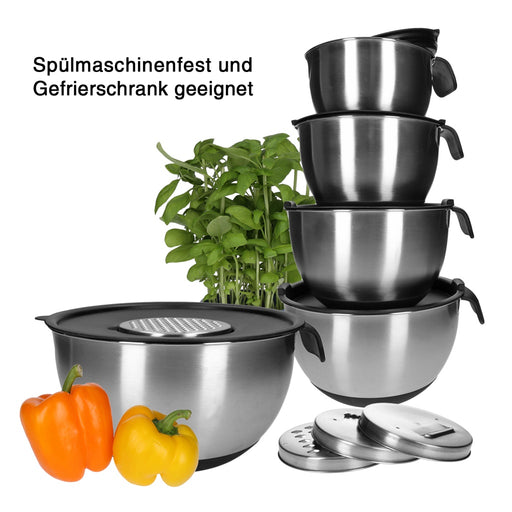 Produktbild Rührschüssel - TP Edelstahl Schüssel-Set mit Griff, inkl. Deckel, Skala und 4 Einsätzen zum Gemüsereiben 15-teilig