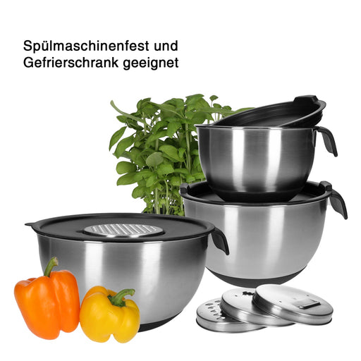 Produktbild Rührschüssel - TP Edelstahl Schüssel-Set mit Griff, inkl. Deckel, Skala und 4 Einsätzen zum Gemüsereiben 11-teilig