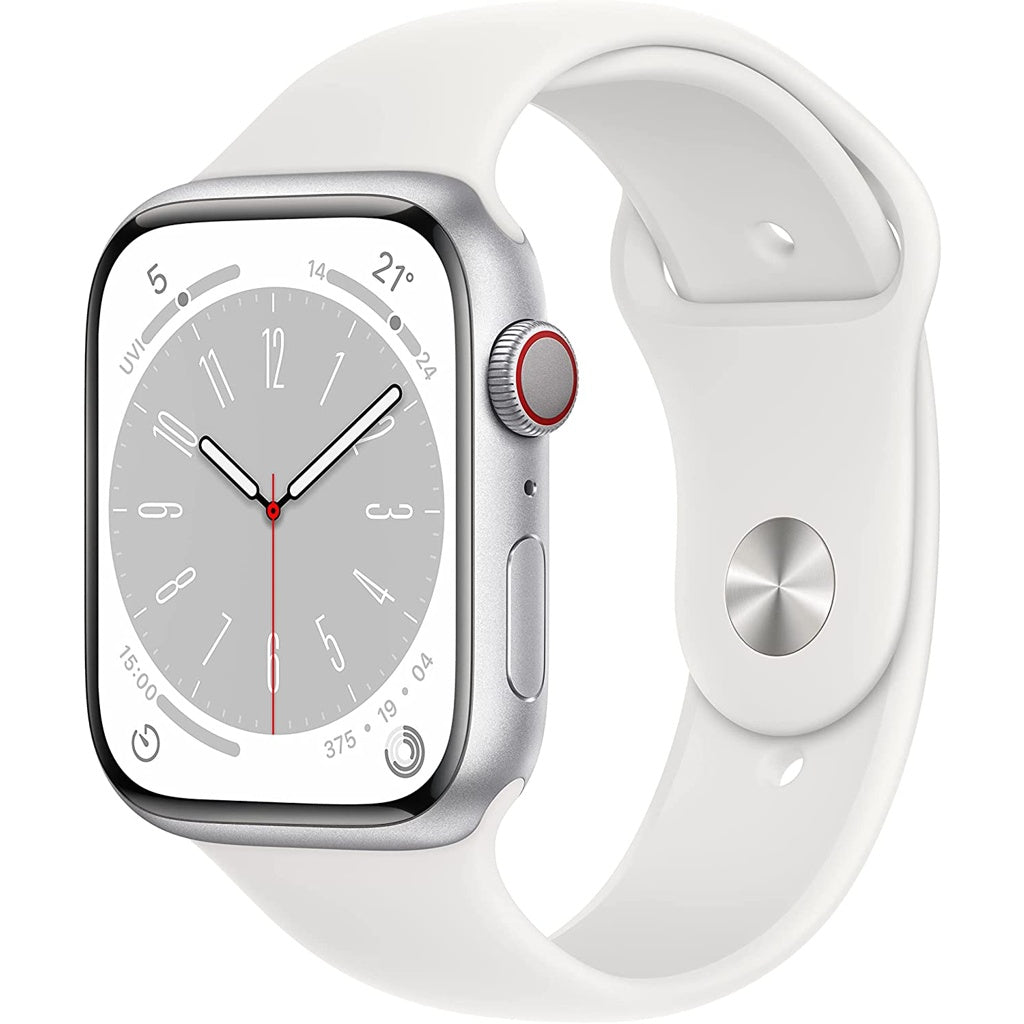 Produktbild Smartwatch - Apple Watch Series 8 45mm GPS + 4G Silber Aluminiumgehäuse mit Sportarmband Weiß