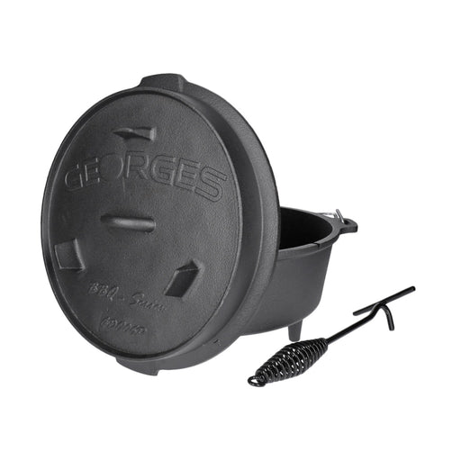 Produktbild Feuertopf - TP Dutch Oven aus Gusseisen, BBQ Kessel mit Füßen Deckel, robuster Feuertopf inkl. Deckelheber GDO06P