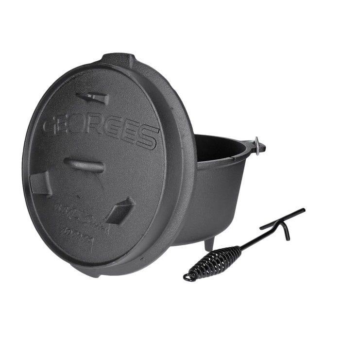 TP Dutch Oven aus Gusseisen, BBQ Kessel mit Füßen Deckel, robuster Feuertopf inkl. Deckelheber GDO09P