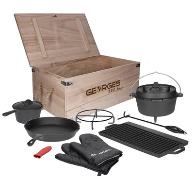 9 teiliges Premium Dutch Oven Set in Holzkiste Dutch Oven, Grillplatte, Topf, Pfanne uvm.