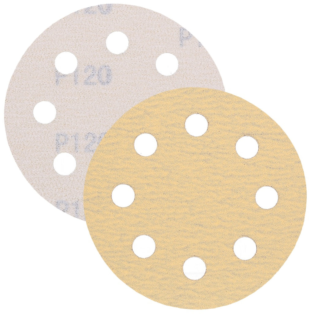 Produktbild Schleifscheibe - TP Schleifpapier, Schleifscheibe - Universal (gelb 125mm, 8-fach-gelocht, Latexbasis - 10er Pack P120