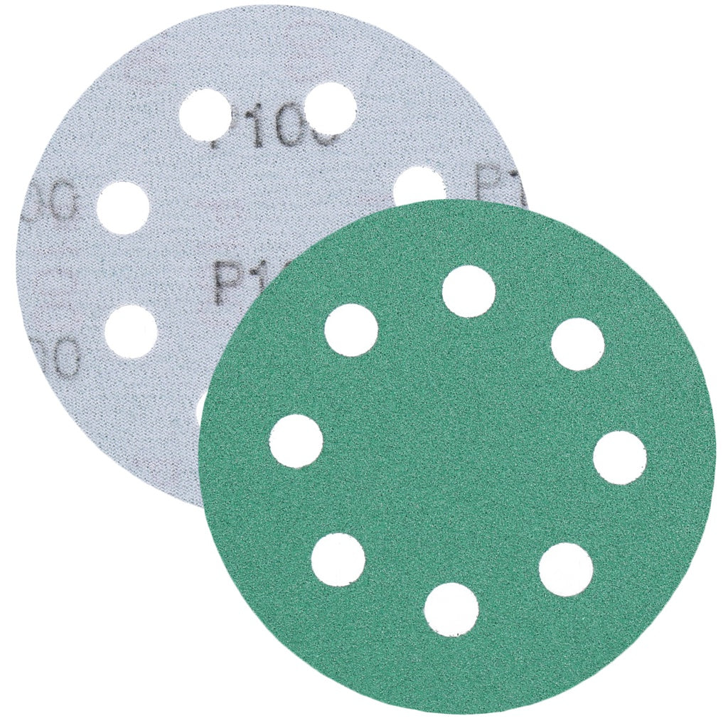 Produktbild Schleifscheibe - TP Schleifpapier, Schleifscheibe - Universal (grün 125mm, 8-fach-gelocht, Filmbasis - 10er Pack P100