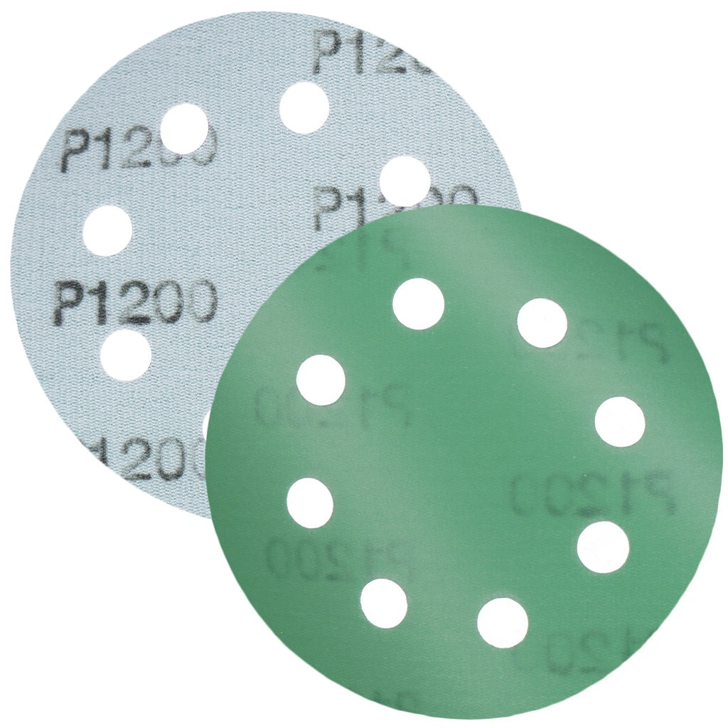 Produktbild Schleifscheibe - TP Schleifpapier, Schleifscheibe - Universal (grün 125mm, 8-fach-gelocht, Filmbasis - 10er Pack P1200
