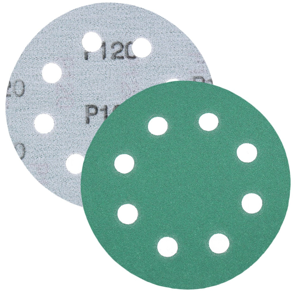 Produktbild Schleifscheibe - TP Schleifpapier, Schleifscheibe - Universal (grün 125mm, 8-fach-gelocht, Filmbasis - 10er Pack P120