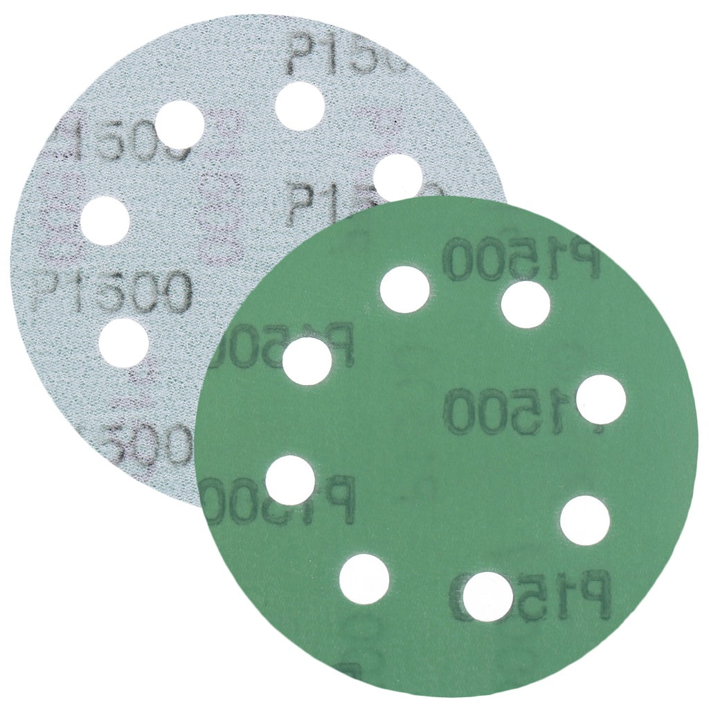 Produktbild Schleifscheibe - TP Schleifpapier, Schleifscheibe - Universal (grün 125mm, 8-fach-gelocht, Filmbasis - 10er Pack P1500