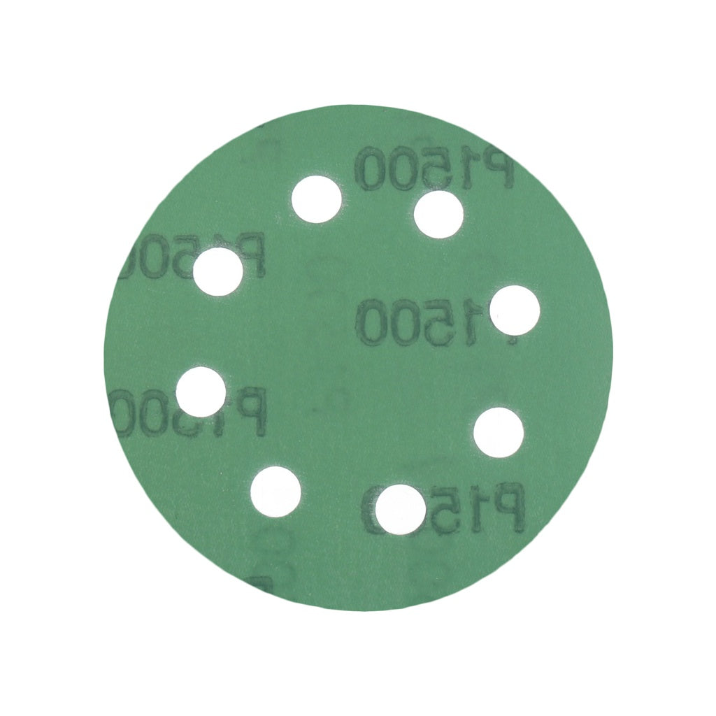 Produktbild Schleifscheibe - TP Schleifpapier, Schleifscheibe - Universal (grün 125mm, 8-fach-gelocht, Filmbasis - 10er Pack P1500