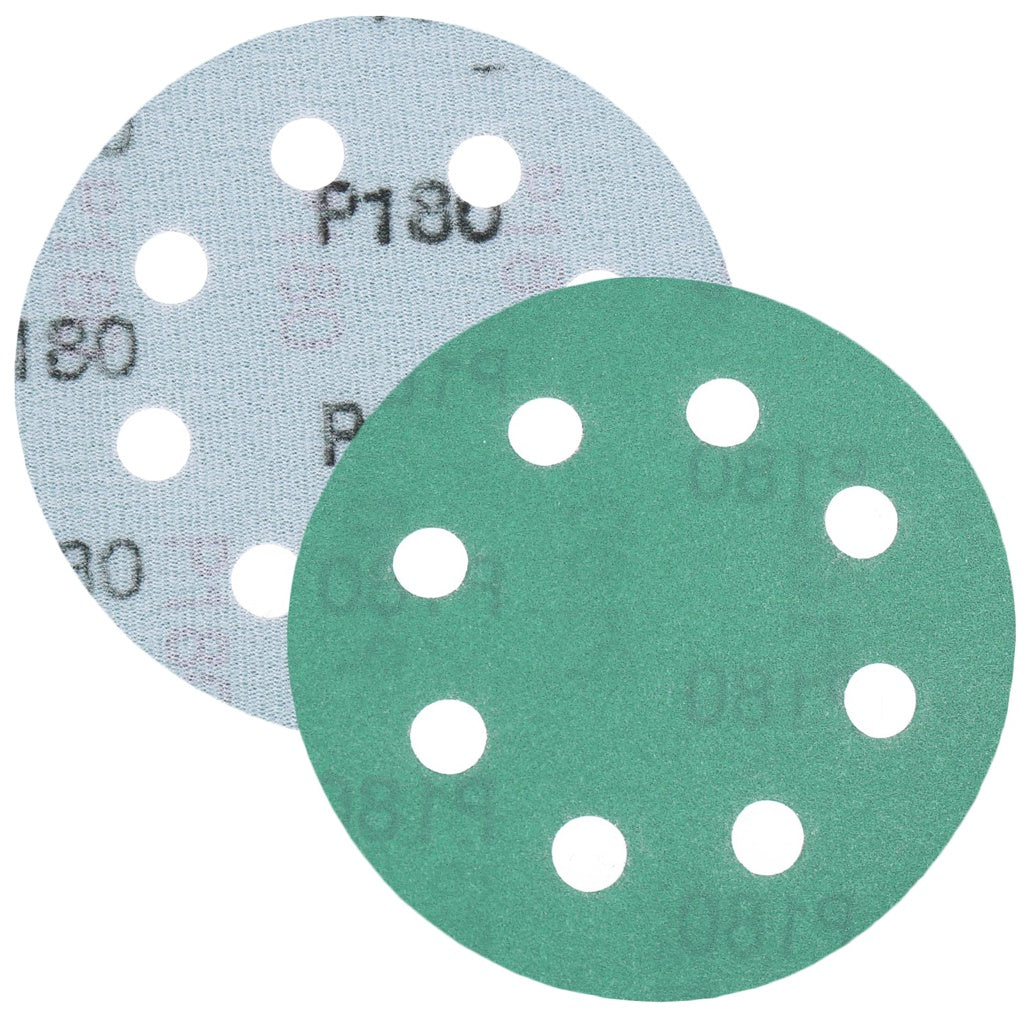 Produktbild Schleifscheibe - TP Schleifpapier, Schleifscheibe - Universal (grün 125mm, 8-fach-gelocht, Filmbasis - 10er Pack P180