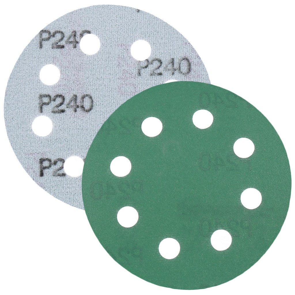 Produktbild Schleifscheibe - TP Schleifpapier, Schleifscheibe - Universal (grün 125mm, 8-fach-gelocht, Filmbasis - 10er Pack P240