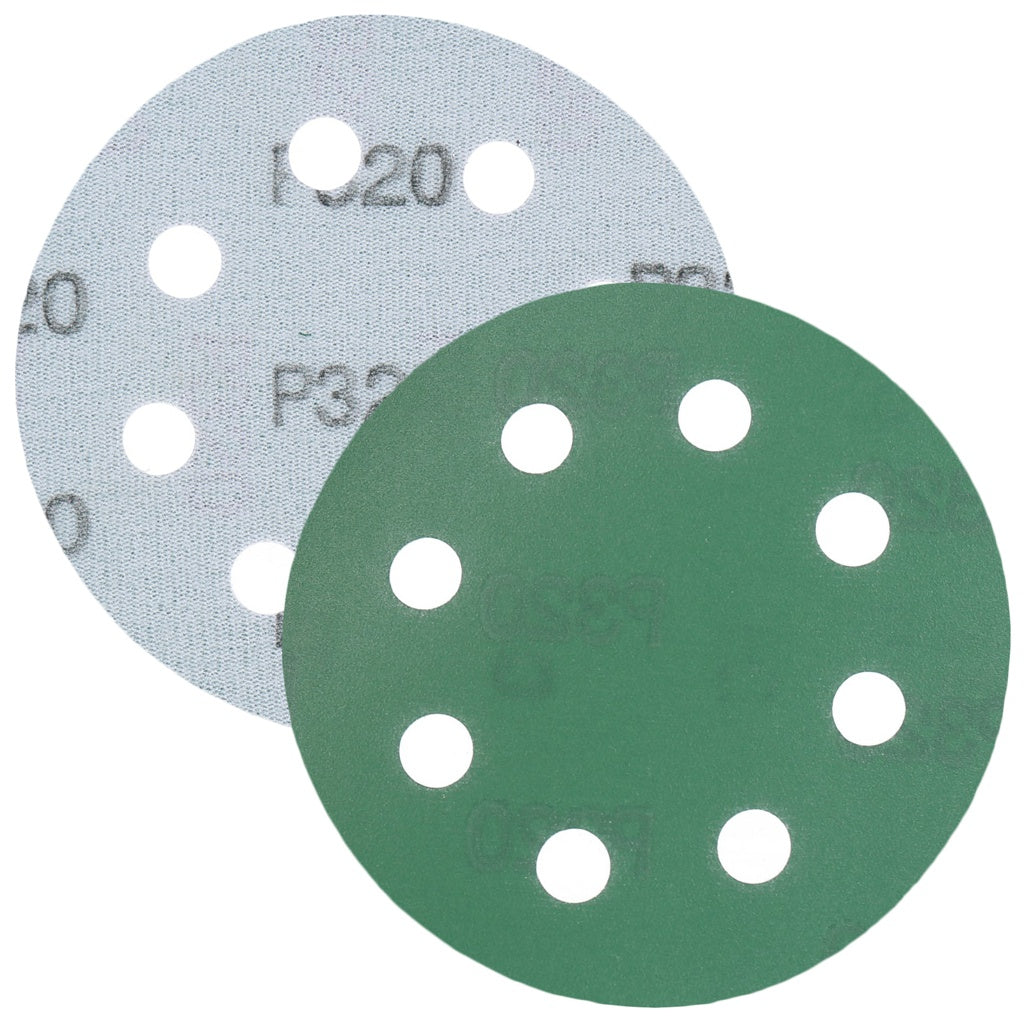 Produktbild Schleifscheibe - TP Schleifpapier, Schleifscheibe - Universal (grün 125mm, 8-fach-gelocht, Filmbasis - 10er Pack P320