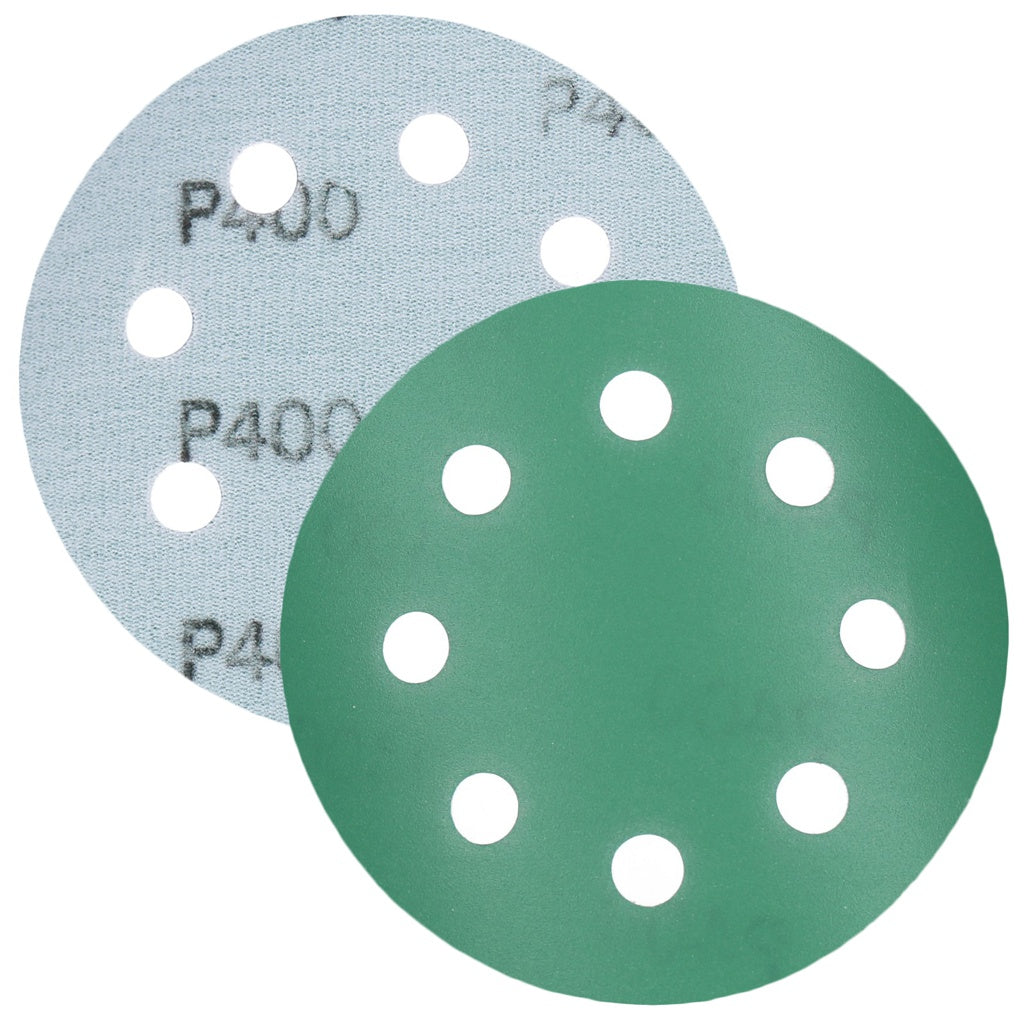 Produktbild Schleifscheibe - TP Schleifpapier, Schleifscheibe - Universal (grün 125mm, 8-fach-gelocht, Filmbasis - 10er Pack P400