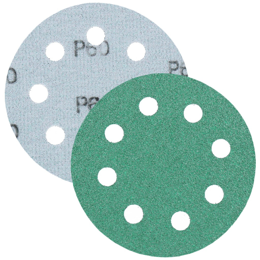 Produktbild Schleifscheibe - TP Schleifpapier, Schleifscheibe - Universal (grün 125mm, 8-fach-gelocht, Filmbasis - 10er Pack P60