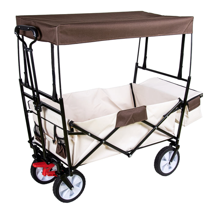 TP faltbarer Bollerwagen Beige mit abnehmbarem Dach Teleskopgriff, Kühltasche und Vorderradbremse