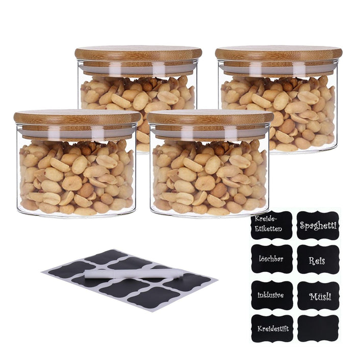 TP Vorratsgläser 4er Set mit Bambus Deckel, luftdichte Behälter inkl. Etiketten, 4 x 350 ml