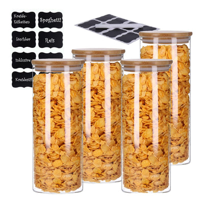 Vorratsgläser 4er Set mit Bambus Deckel, luftdichte Behälter inkl. Etiketten, 4 x 1800 ml