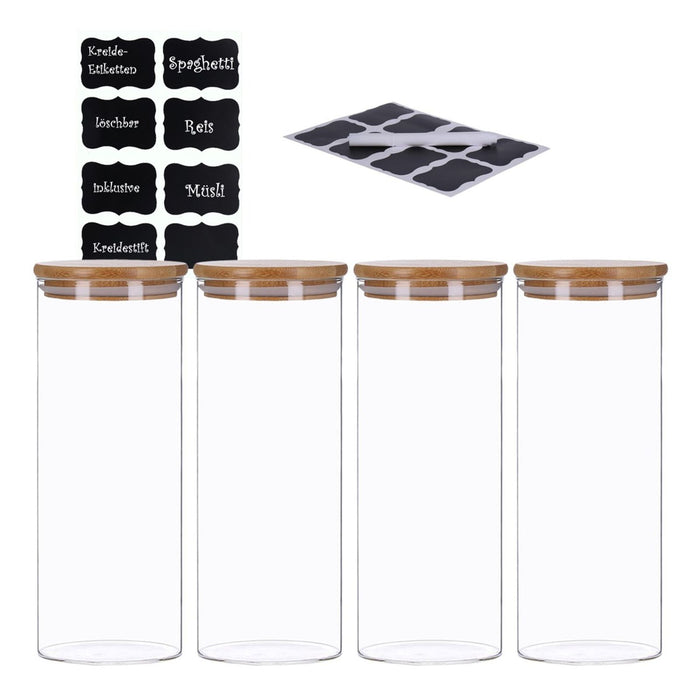 TP Vorratsgläser 4er Set mit Bambus Deckel, luftdichte Behälter inkl. Etiketten, 4 x 1800 ml