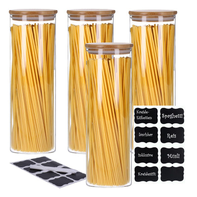 Vorratsgläser 4er Set mit Bambus Deckel, luftdichte Behälter inkl. Etiketten, 4 x 2200 ml