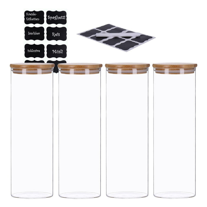 TP Vorratsgläser 4er Set mit Bambus Deckel, luftdichte Behälter inkl. Etiketten, 4 x 2200 ml