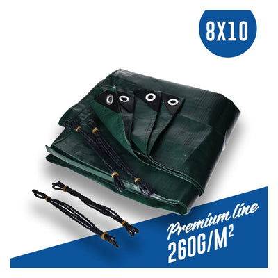 Abdeckplane, Gewebeplane 260g/m² grün inkl. 4x Befestigungsseil, mit Ecken- und Randverstärkung 8 x 10 Meter