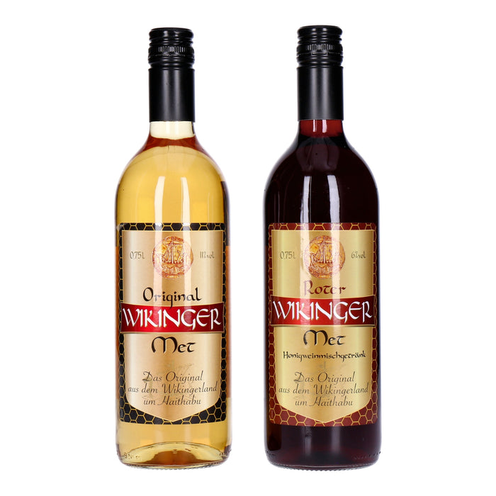 Wikinger Met Lagerfeuer-Set 2x 0,75 L Glasflasche Original & Roter Wikinger Met inkl. 1x Glas 4cl