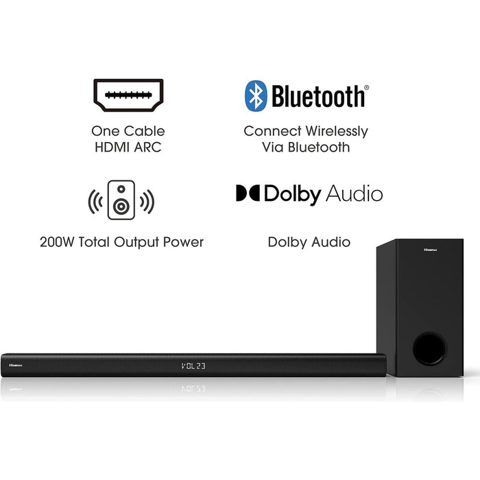Hisense HS218 2.1 Kanal Soundbar kabelloser Subwoofer 200 Watt HDMI Bluetooth schwarz