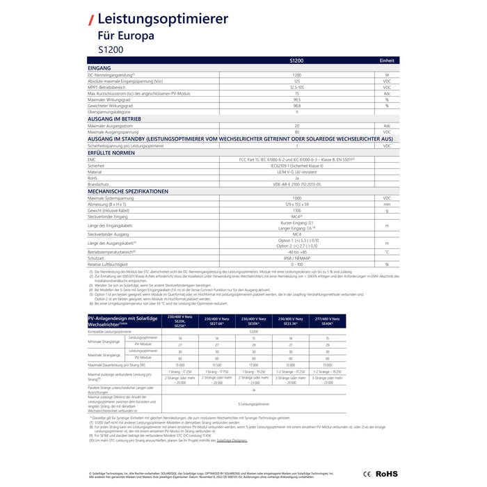 SolarEdge Optimierer S-Series, 2 Module S1200-1GM4MBV - 0 % MwSt. (gem. § 12 Abs. 3 UStG)
