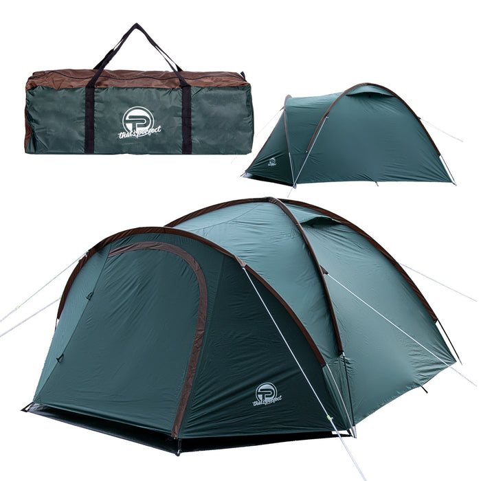 Campingzelt für 3-4 Personen, doppelwandig, stabil wasserdicht, verdunkelter Innenraum inkl. Tasche Grün/Braun
