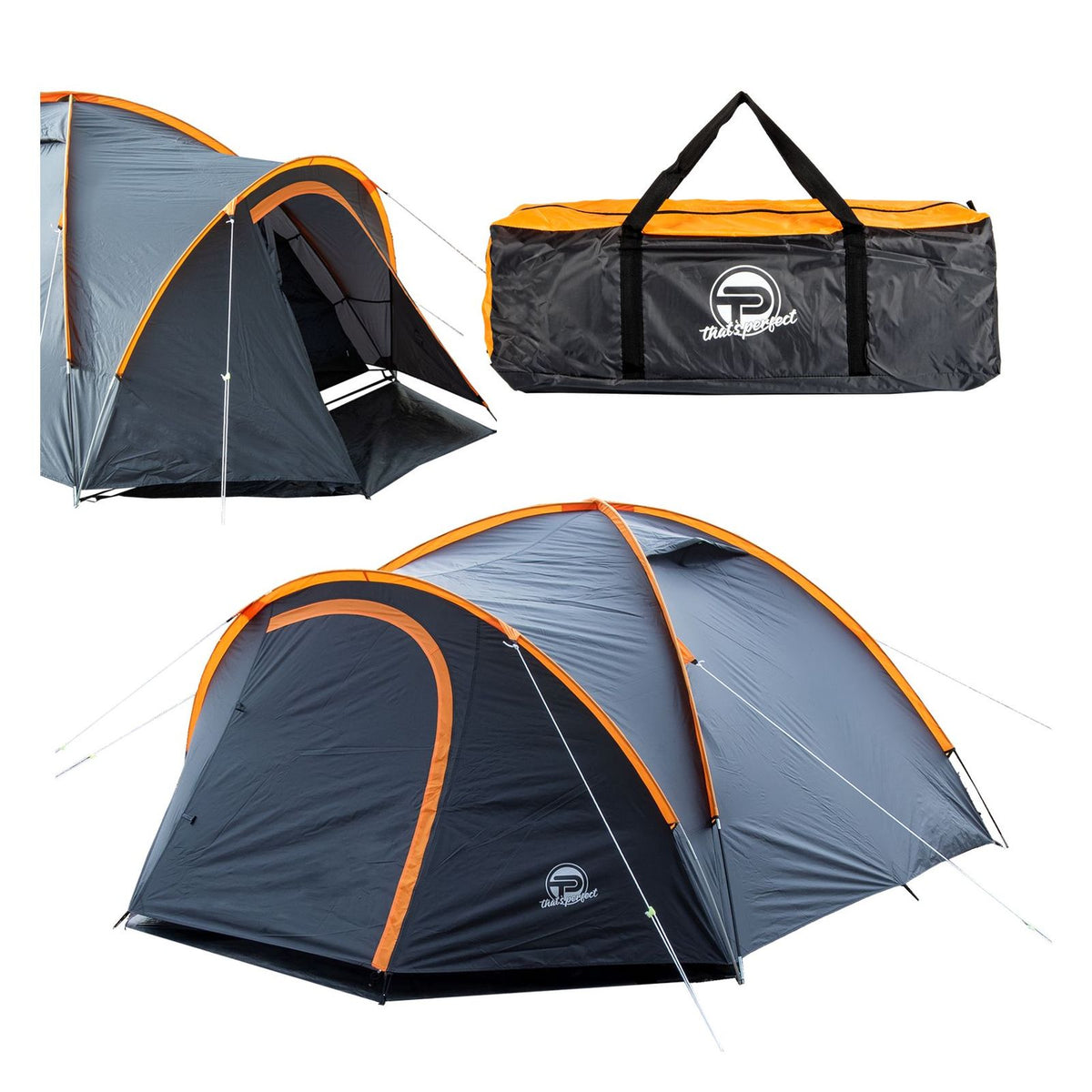 Produktbild Campingzelt - TP Campingzelt für 3-4 Personen, doppelwandig, wasserdicht, verdunkelter Innenraum inkl. Tasche Orange/Schwarz