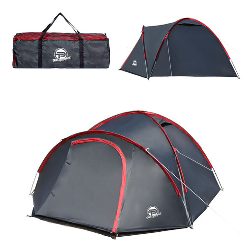 Produktbild Campingzelt - Campingzelt für 3-4 Personen, doppelwandig, stabil wasserdicht, verdunkelter Innenraum inkl. Tasche Grau/Rot