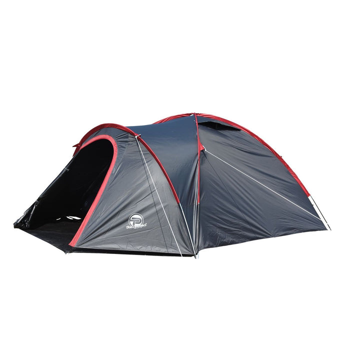 Campingzelt für 3-4 Personen, doppelwandig, stabil wasserdicht, verdunkelter Innenraum inkl. Tasche Grau/Rot