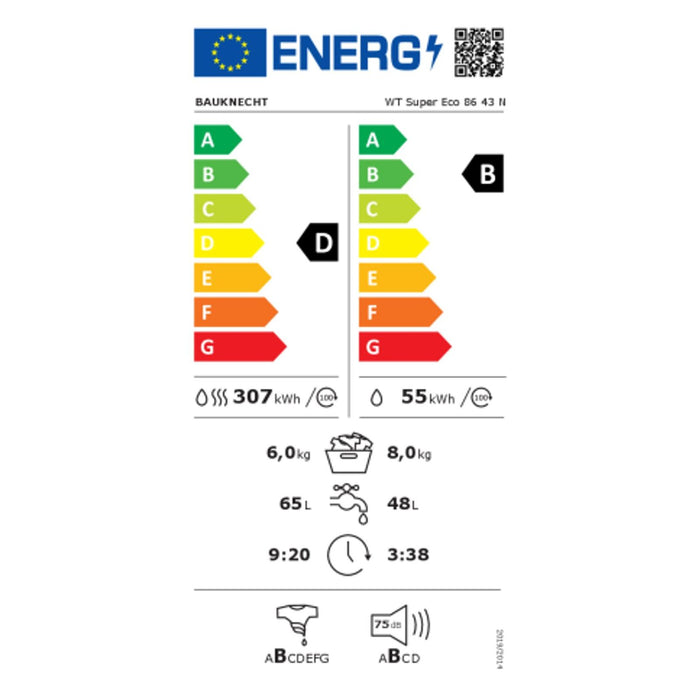 Bauknecht WT Super Eco 86 43 N Waschtrockner Weiß Startzeitvorwahl Energieeffizienz D