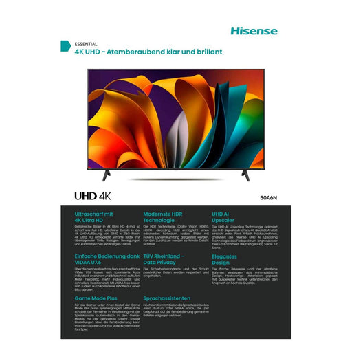 Produktbild LED-Fernseher - Hisense 50A6N Fernseher 127 cm (50") 4K Ultra HD Smart-TV WLAN Schwarz 300 cd/m²