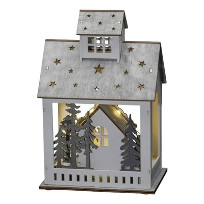 LED Holzsilhouette 'Haus und Markt' warm/weiss