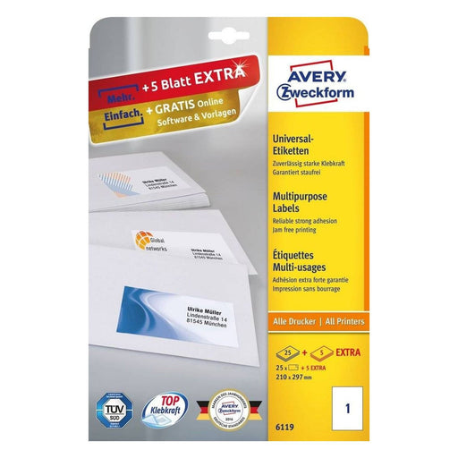 Produktbild Etikettenpapier - AVERY Zweckform 6119 Universal-Etiketten A4 210 x 297 mm 30 Etiketten/30 Bogen