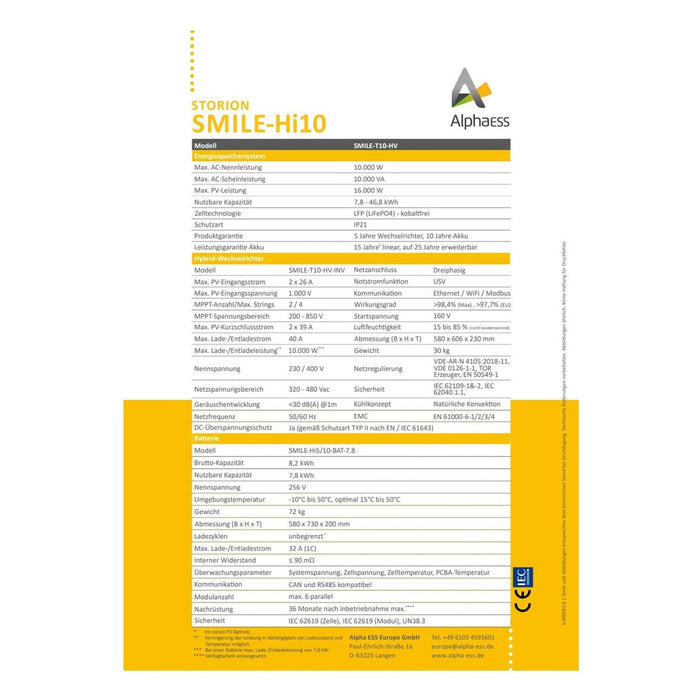 Alpha ESS Smile Hi10 10kW Energiespeichersystem inkl. 10 kW-Hybridwechselrichter 3-phasig