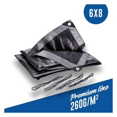 Abdeckplane, Gewebeplane 260g/m² silber inkl. 4x Befestigungsseil, mit Ecken- und Randverstärkung 6 x 8 Meter