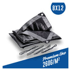 Abdeckplane, Gewebeplane 260g/m² silber inkl. 4x Befestigungsseil, mit Ecken- und Randverstärkung 8 x 12 Meter