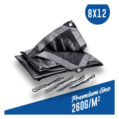 Abdeckplane, Gewebeplane 260g/m² silber inkl. 4x Befestigungsseil, mit Ecken- und Randverstärkung 8 x 12 Meter