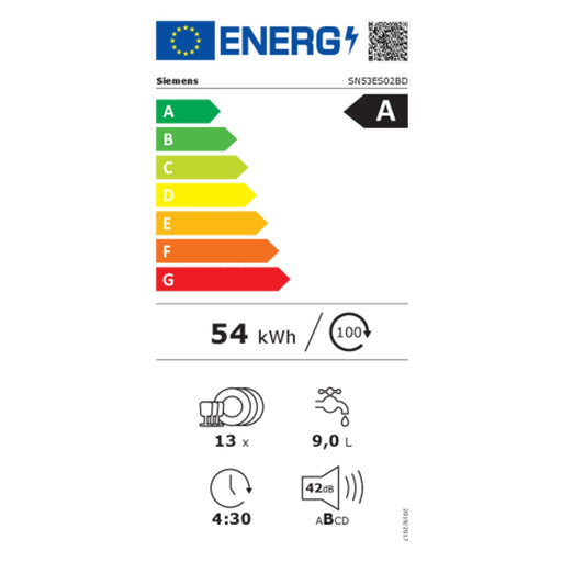 Produktbild teilintegrierbarer Geschirrspüler - Siemens iQ300 SN53ES02BD Spülmaschine Halb integriert 13 Maßgedecke A