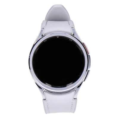 Galaxy Watch6 Classic WiFi 43mm Silber Edelstahlgehäuse Kunstlederarmband Hellgrau