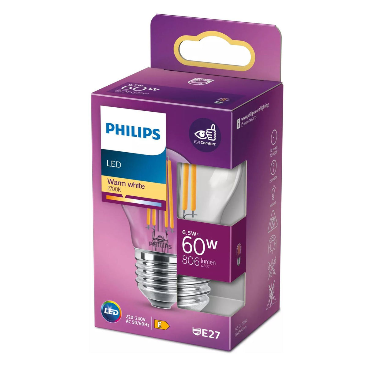 Produktbild LED-Filament - Philips 60W P45 E27 LED-Filament-Kerzenlampe transparent Warmweiß